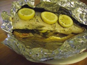 Whole BBQ Salmon with Lemon and Dill Sauce